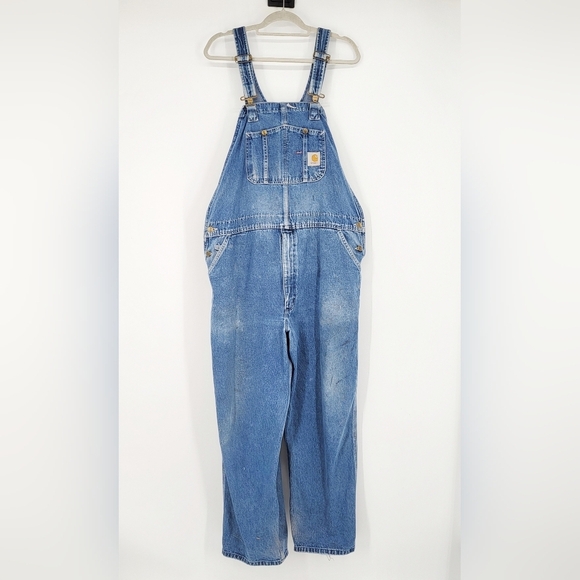 Vintage 90s Carhartt Loose Fit Denim Overalls Work Worn Distressed Blue 42 x 30 - Picture 15 of 15